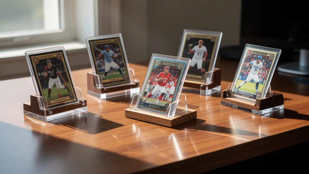 Premium custom sports card stand displayed upright in magnetic case on wooden desk surface