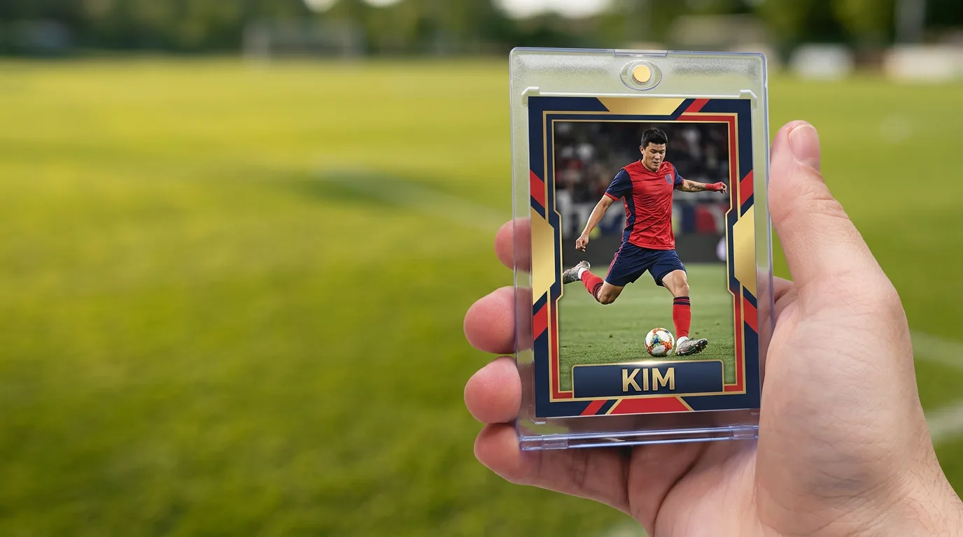 custom sports cards australia: a custom printed trading card in a magnetic case, held in hand