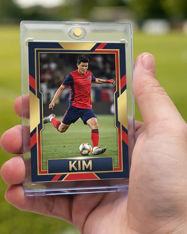 Close-up of a custom trading card in a magnetic case for custom sports cards australia