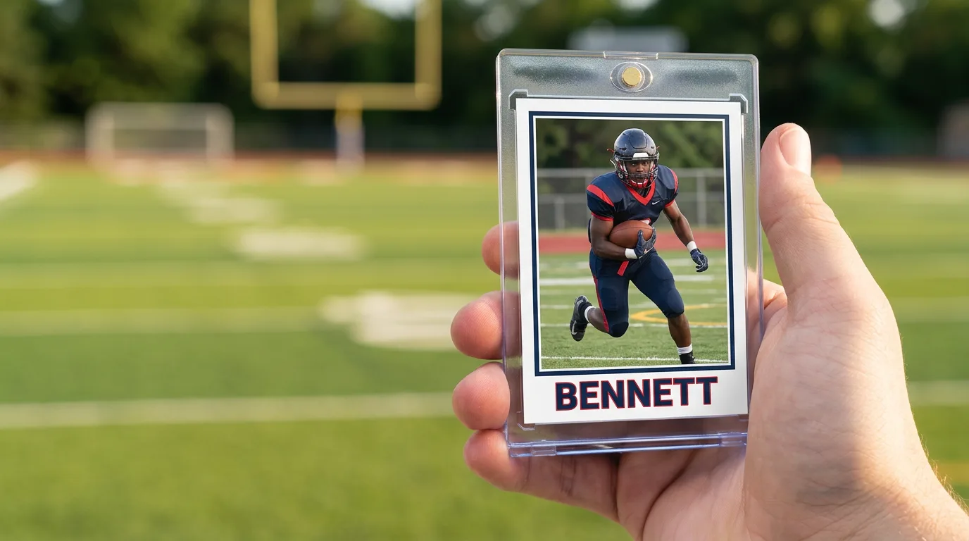 custom sports cards florida: a custom printed trading card in a magnetic case, held in hand