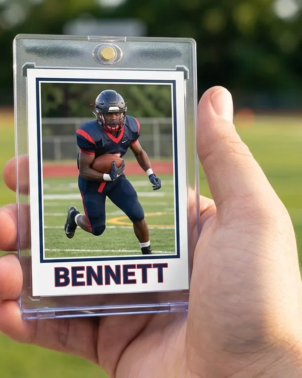Close-up of a custom trading card in a magnetic case for custom sports cards florida