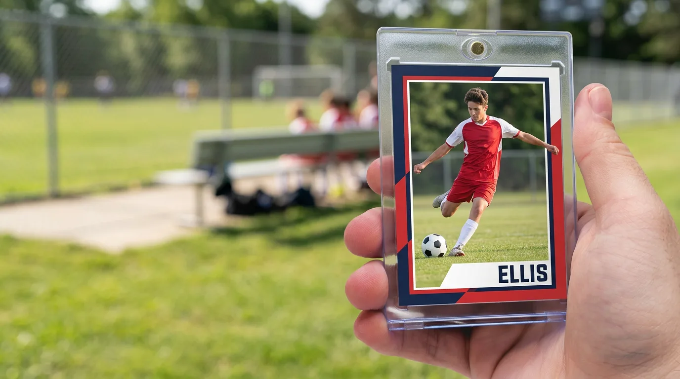 custom team sports cards: a custom printed trading card in a magnetic case, held in hand