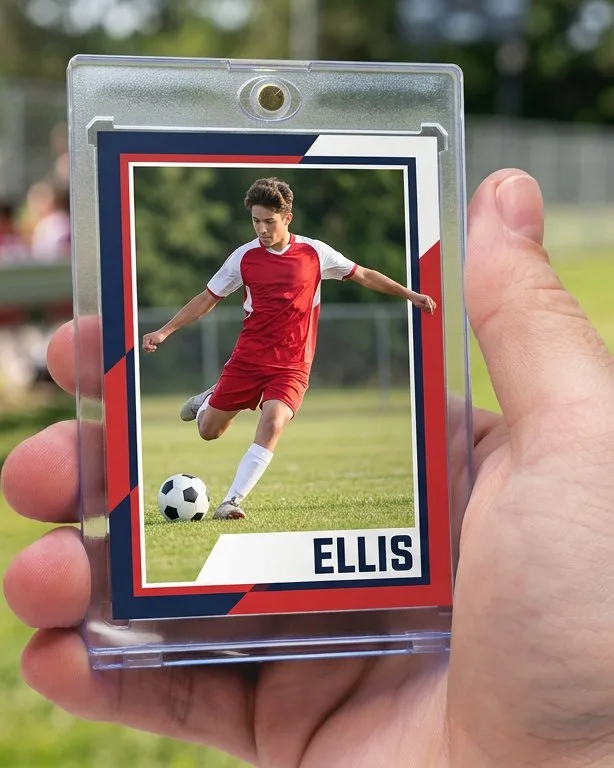Close-up of a custom trading card in a magnetic case for custom team sports cards