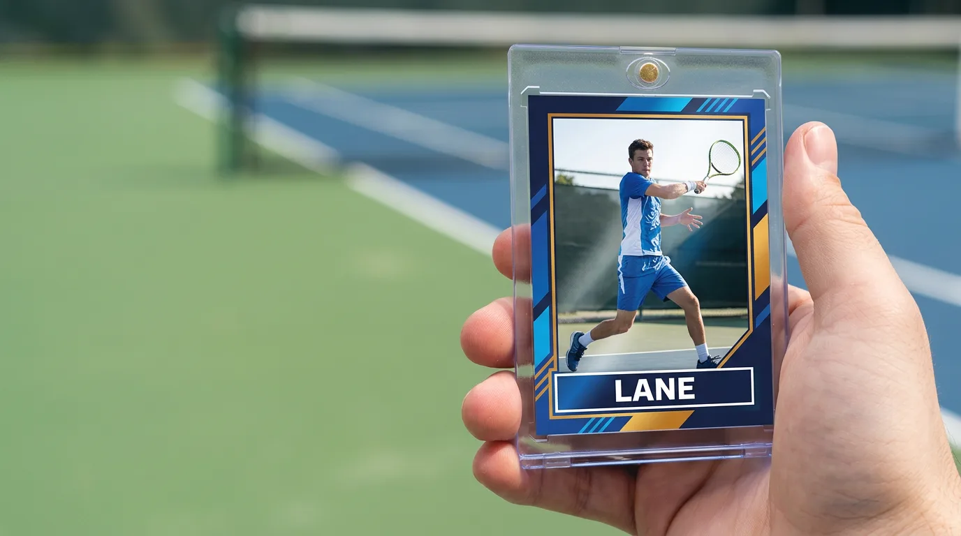 custom tennis sport cards: a custom printed trading card in a magnetic case, held in hand