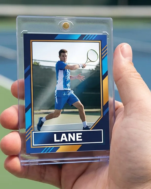 Close-up of a custom trading card in a magnetic case for custom tennis sport cards