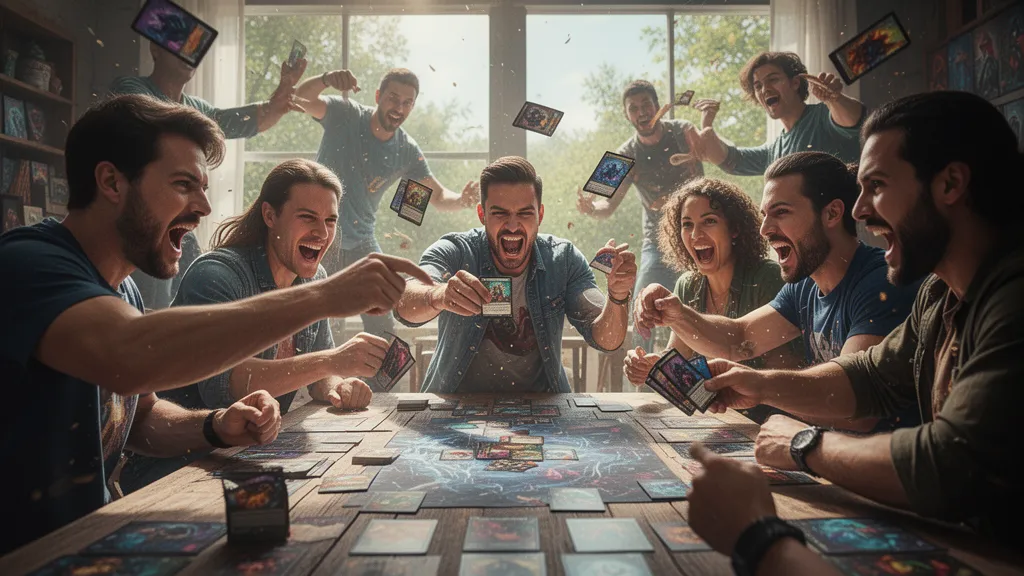 Custom trading card game cards fanned out on a table showing vibrant pro-style templates and player photos