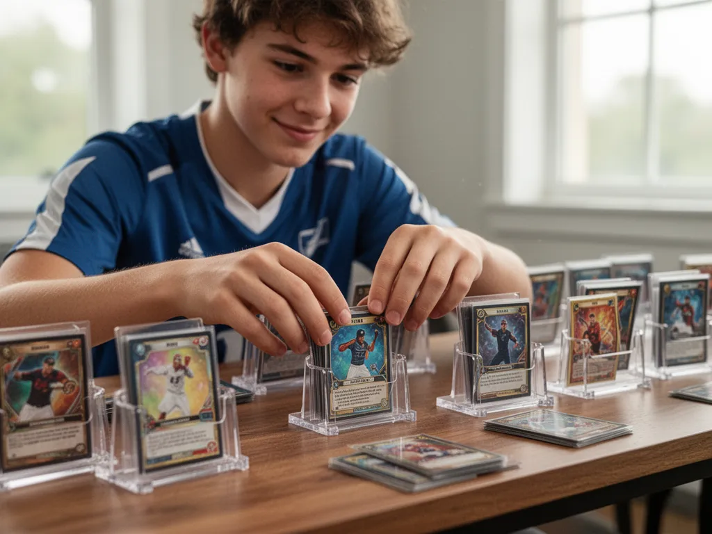 Snapshot custom sports trading card printed on professional card stock next to standard card stand holder