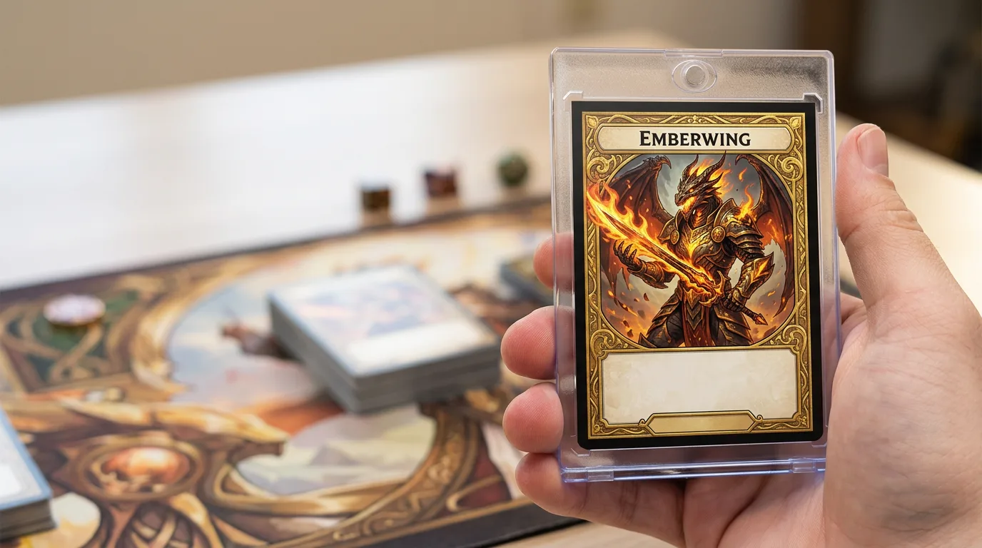 custom yugioh card printing: a custom printed trading card in a magnetic case, held in hand