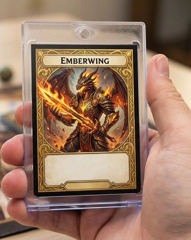 Close-up of a custom trading card in a magnetic case for custom yugioh card printing