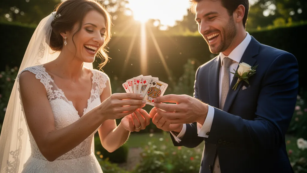 Customized deck of cards wedding gift in premium magnetic display case on white table