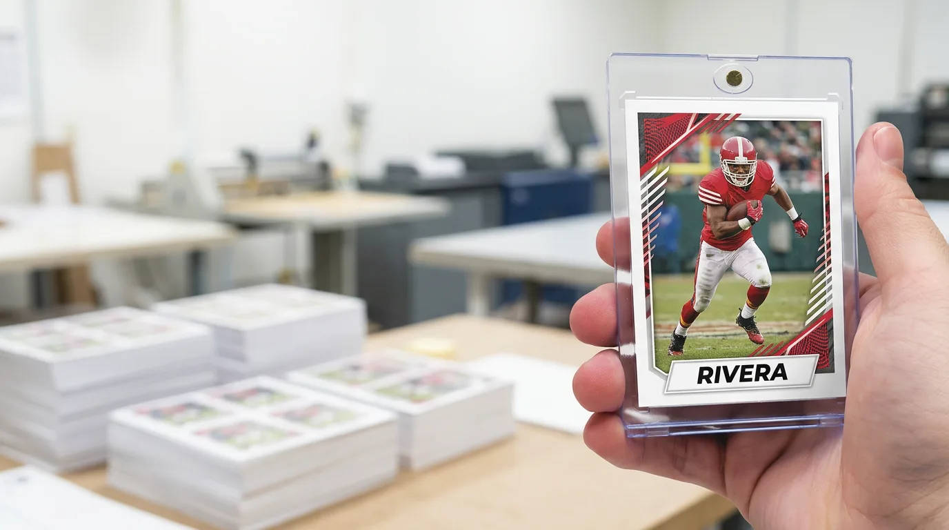 cutting custom sports cards with cricut: a custom printed trading card in a magnetic case, held in hand