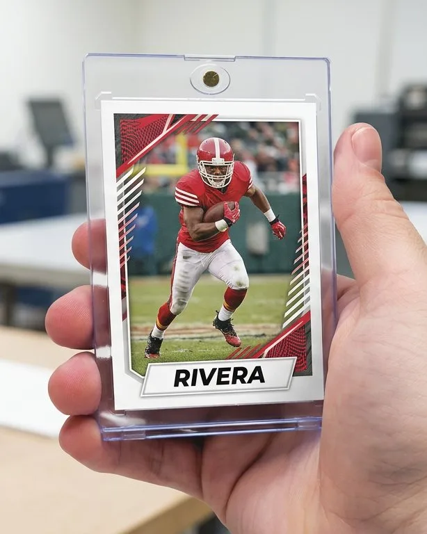 Close-up of a custom trading card in a magnetic case for cutting custom sports cards with cricut