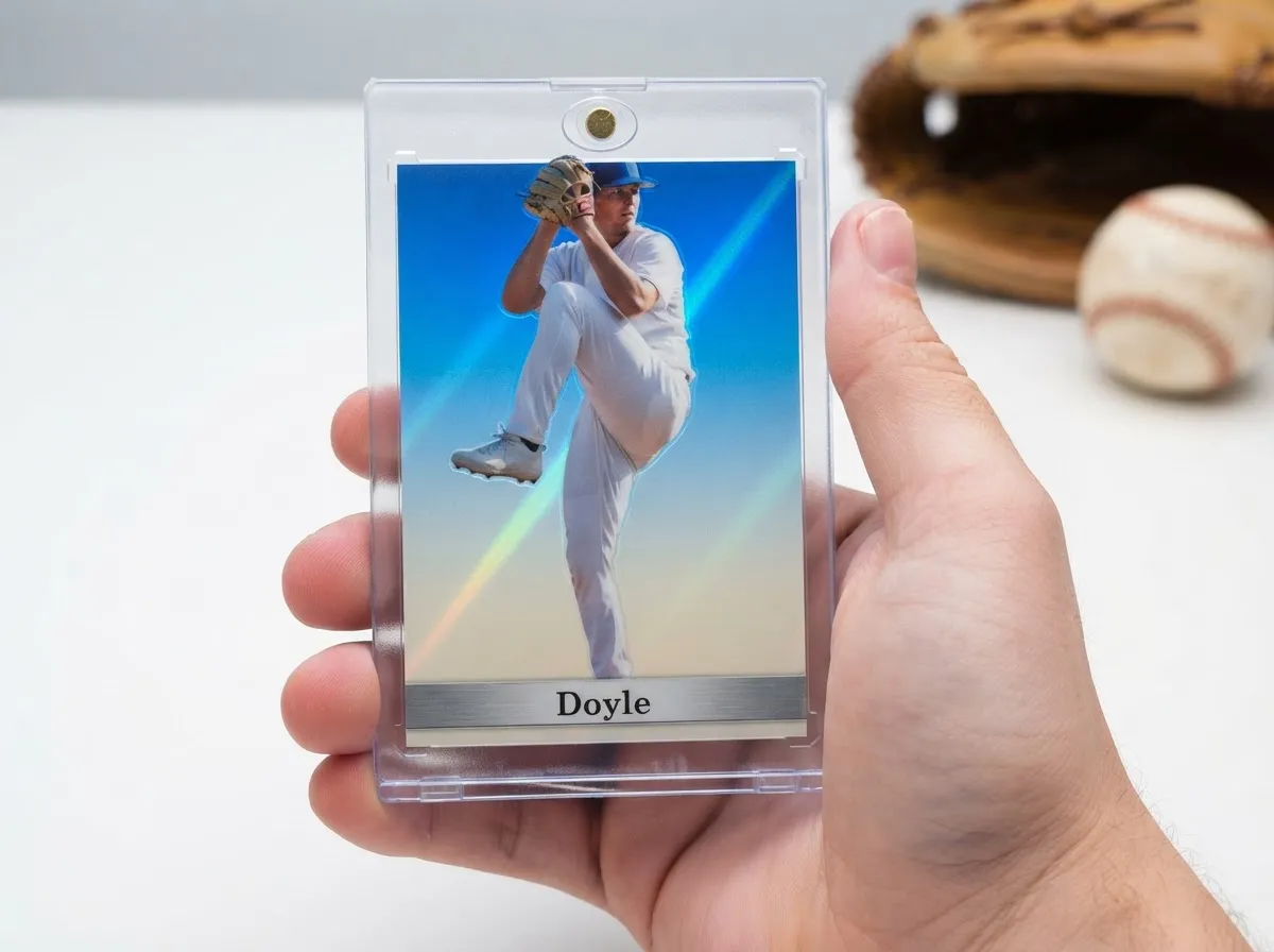 Custom baseball trading card in magnetic case showing chrome pitcher design close-up.