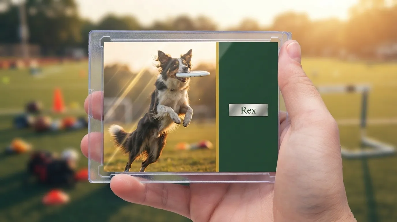 Illustrative dog card gift mockup; review the current template and physical finish before ordering