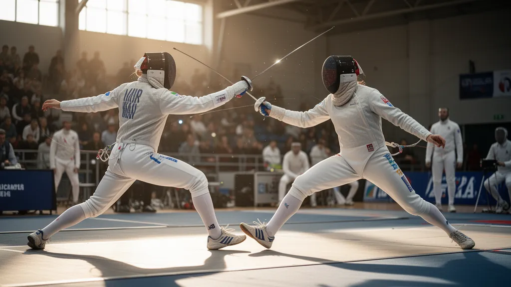 Custom fencing sport gift trading card featuring an épée fencer mid-lunge in tournament action