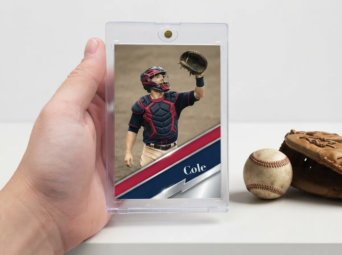 Custom baseball trading card with chrome diagonal frame displayed in clear magnetic case.