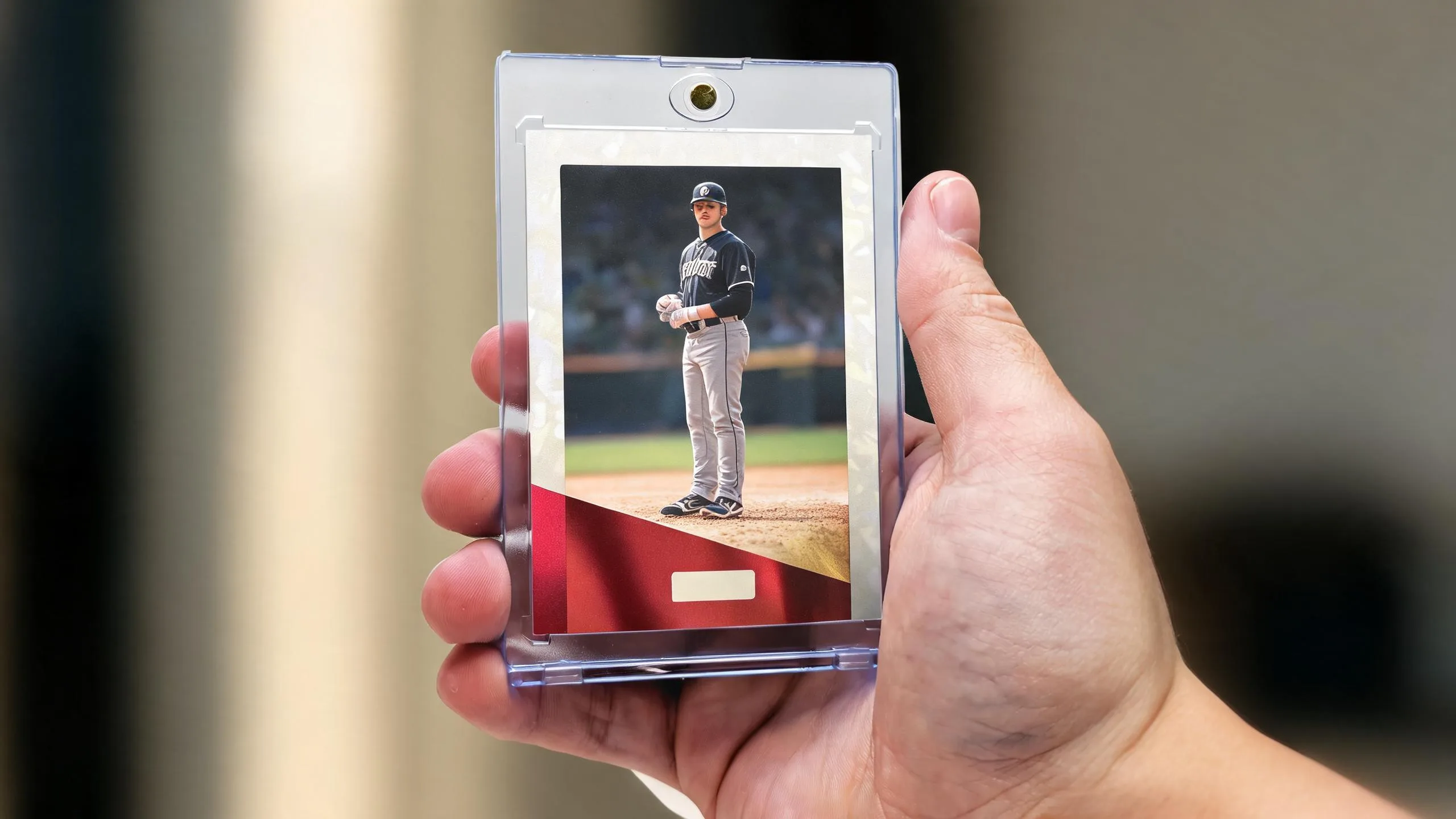 Hand holding magnetic case with custom athlete card, showcasing fundraising for sports clubs keepsakes.