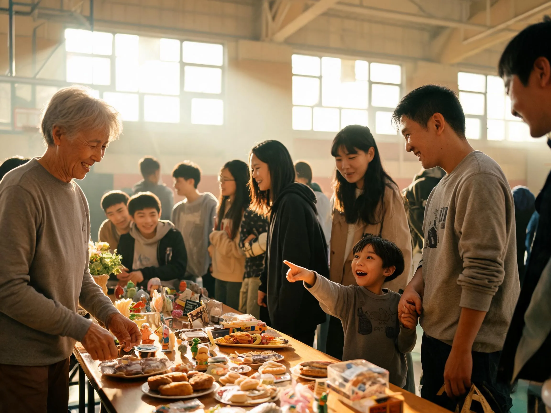 Parents and children smiling together at a lively school sports club fundraiser event.