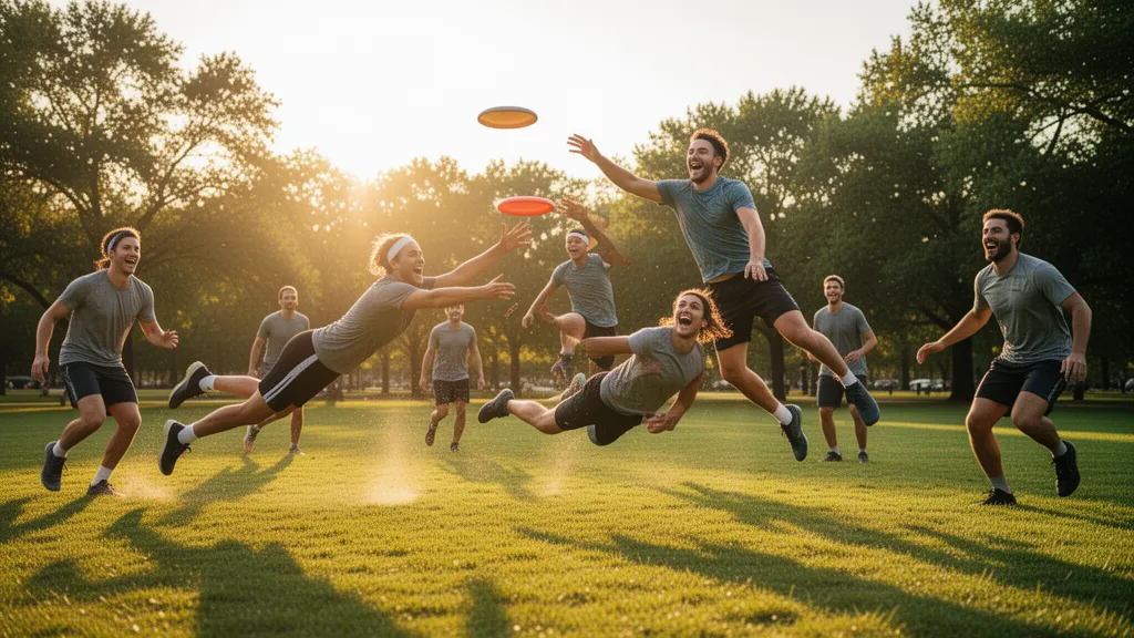 Athletes diving and laughing while playing frisbee in a sunny park with trees visible in background