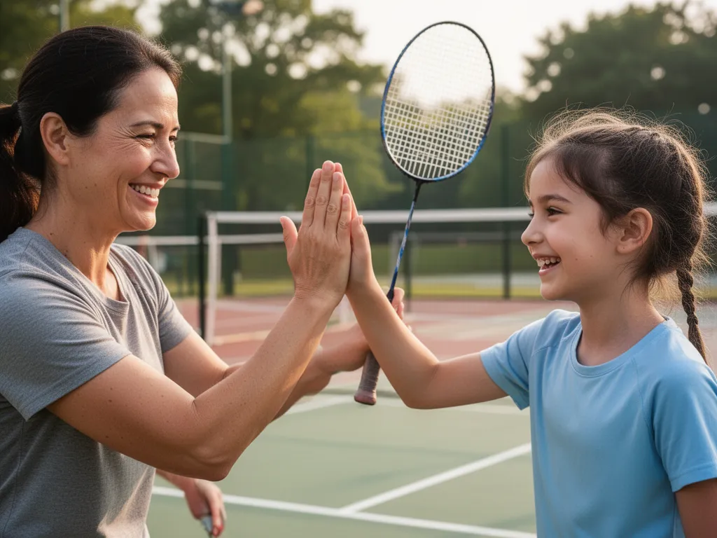 Parent and child high-fiving with genuine smiles after completing a recreational badminton game together