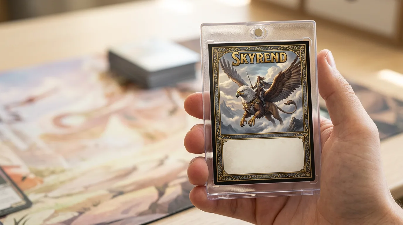 game card designer free: a custom printed trading card in a magnetic case, held in hand