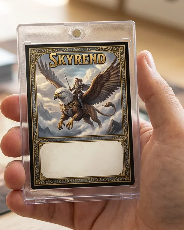 Close-up of a custom trading card in a magnetic case for game card designer free