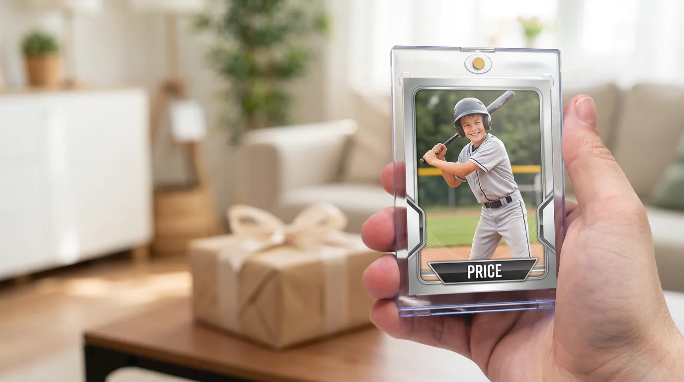 gift ideas for 11 year old boy who likes sports: a custom printed trading card in a magnetic case, held in hand