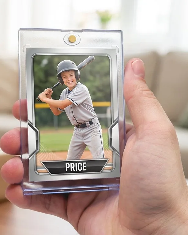Close-up of a custom trading card in a magnetic case for gift ideas for 11 year old boy who likes sports