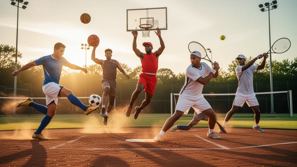 Multiple athletes actively playing different sports simultaneously outdoors in natural sunlight
