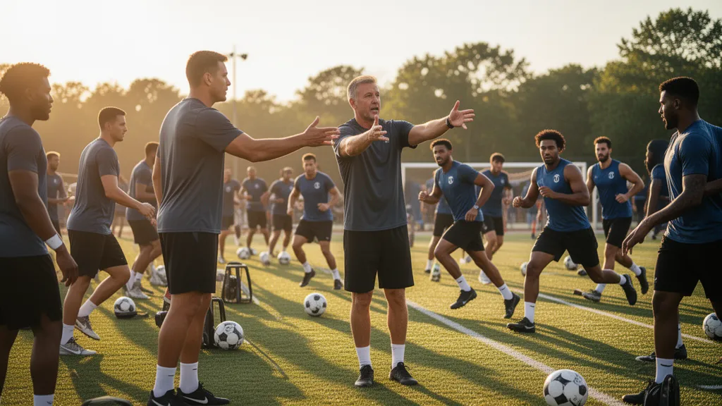 Sports team manager gesturing instructions to players during outdoor practice session with natural lighting