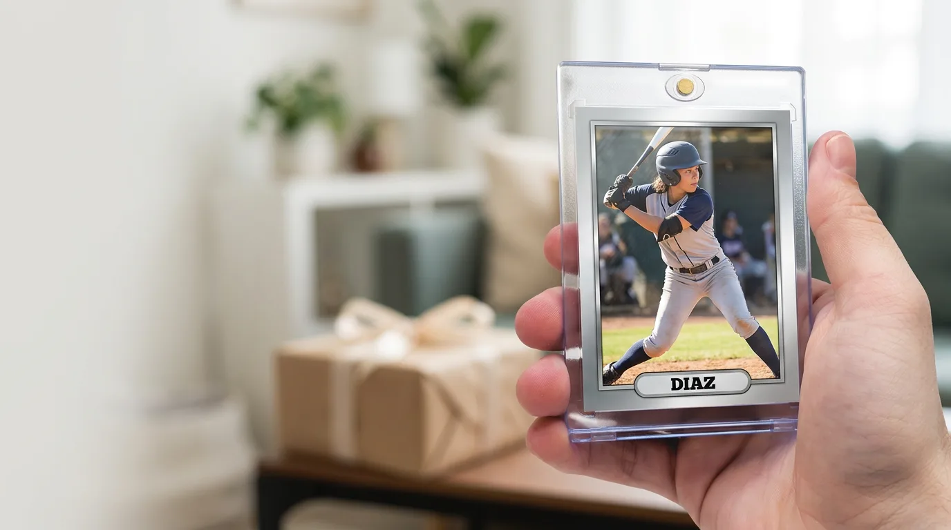 gifts for girls who love sports: a custom printed trading card in a magnetic case, held in hand