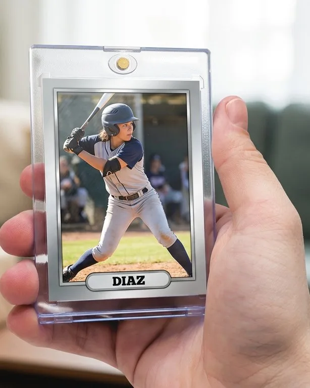 Close-up of a custom trading card in a magnetic case for gifts for girls who love sports