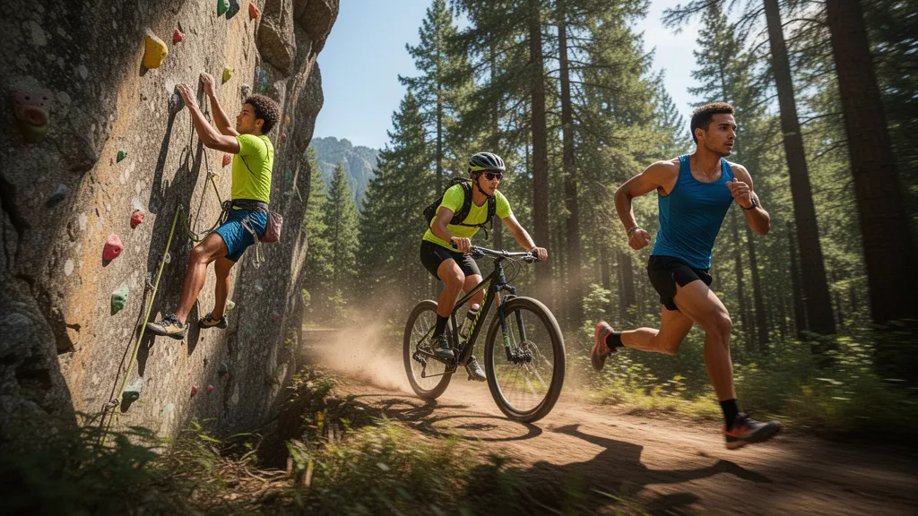 Multiple athletes engaged in various sports activities including climbing, cycling, and running outdoors in natural daylight.