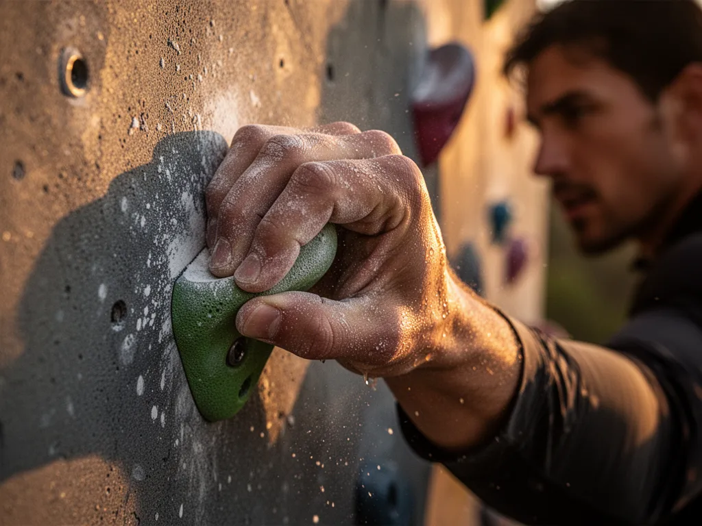 Detailed close-up of determined climber's chalked hand gripping rock wall during intense training session.