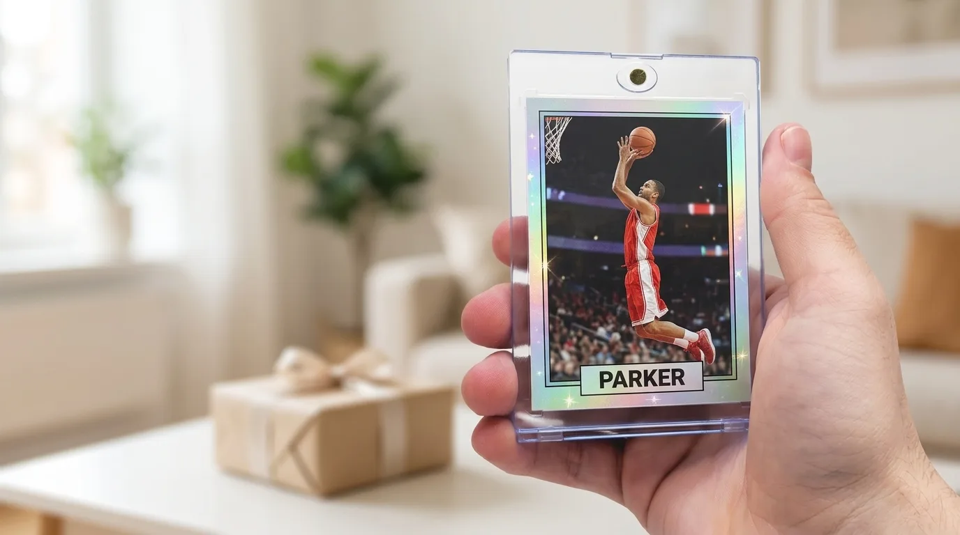 gifts for men that love sports: a custom printed trading card in a magnetic case, held in hand