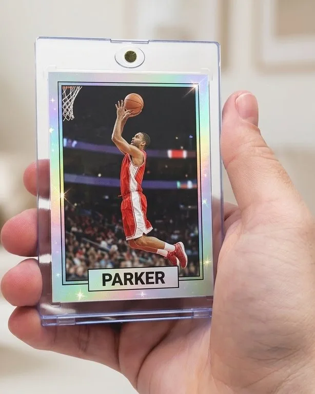Close-up of a custom trading card in a magnetic case for gifts for men that love sports