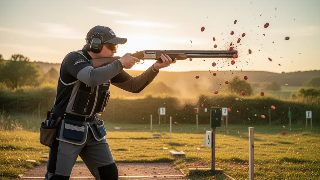 Custom Snapshot trading card gift for a sporting clay shooter breaking targets at an outdoor range