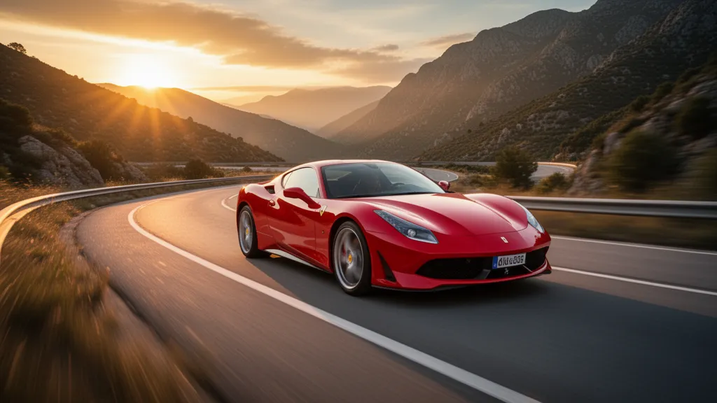 Red sports car driving fast on a curved mountain road during sunset with motion blur