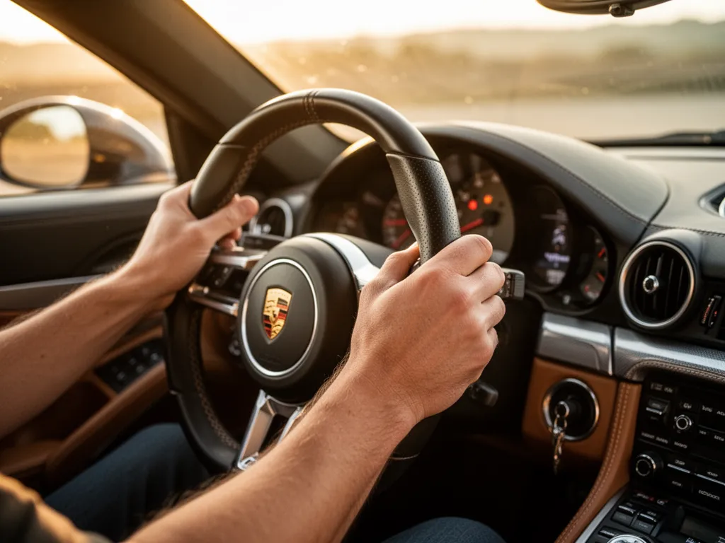 Driver's hands on steering wheel inside sports car with warm sunlight streaming through windshield