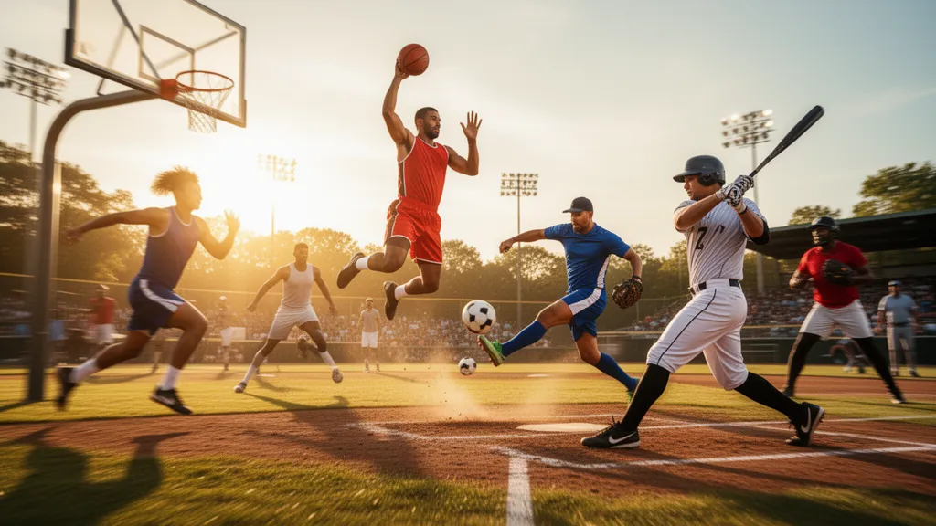 Multiple athletes competing in different sports simultaneously outdoors in dynamic motion.