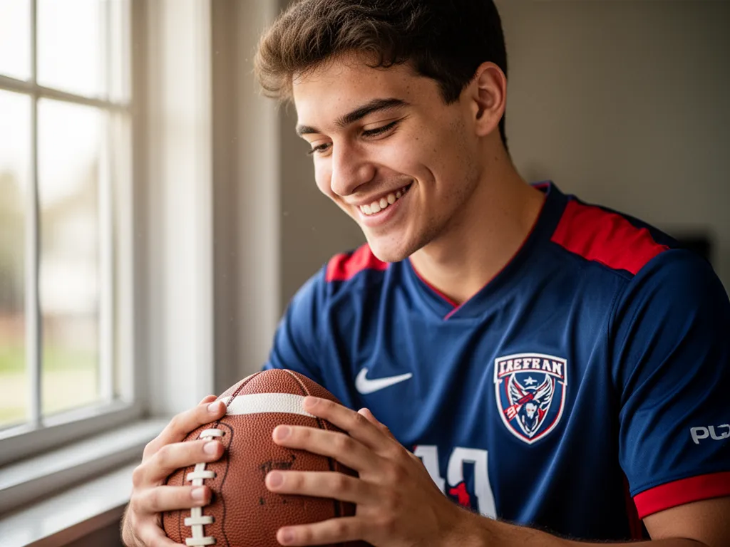 Young man smiling warmly while holding sports gear, expressing genuine passion for athletics.