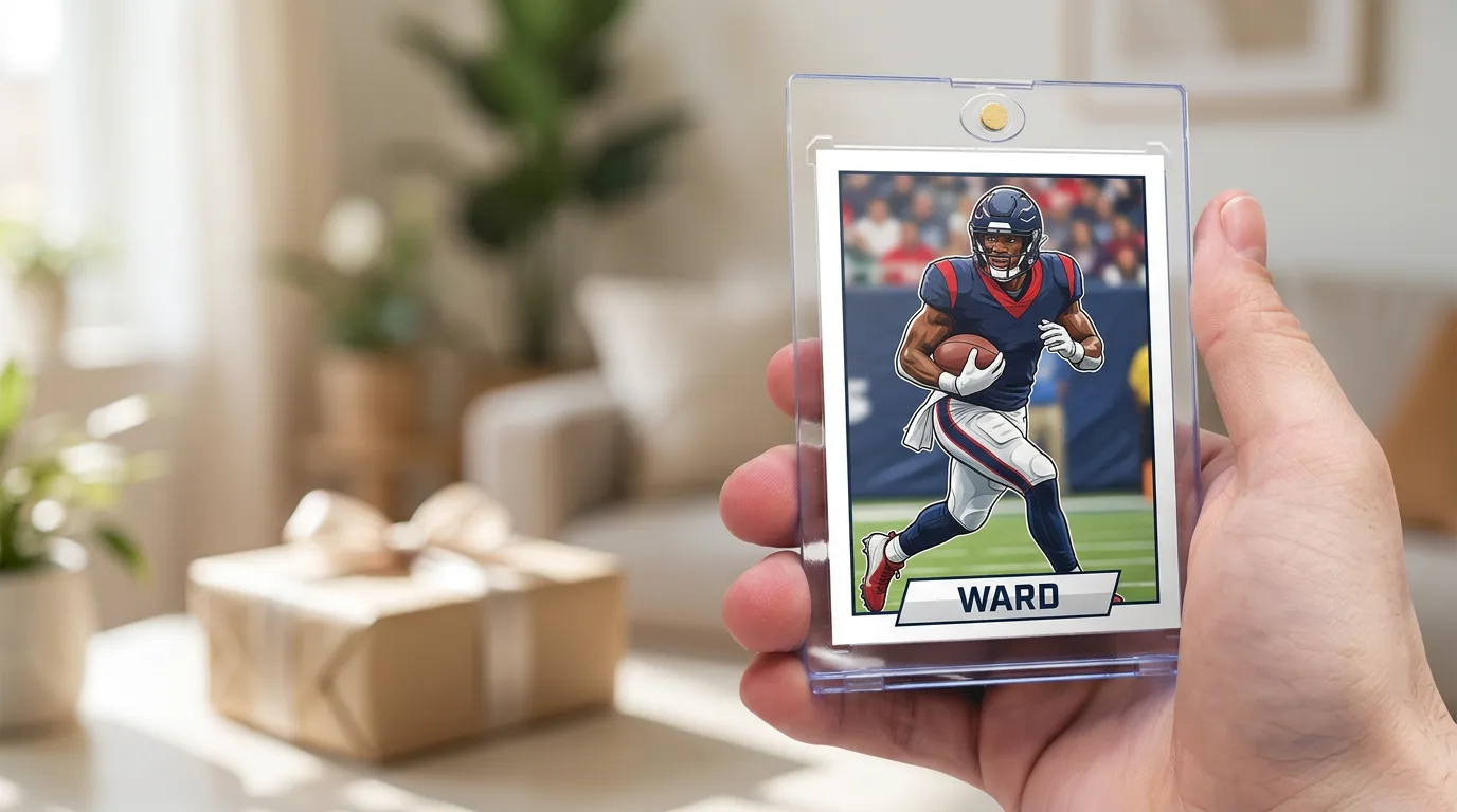gifts for sports fans 2020: a custom printed trading card in a magnetic case, held in hand