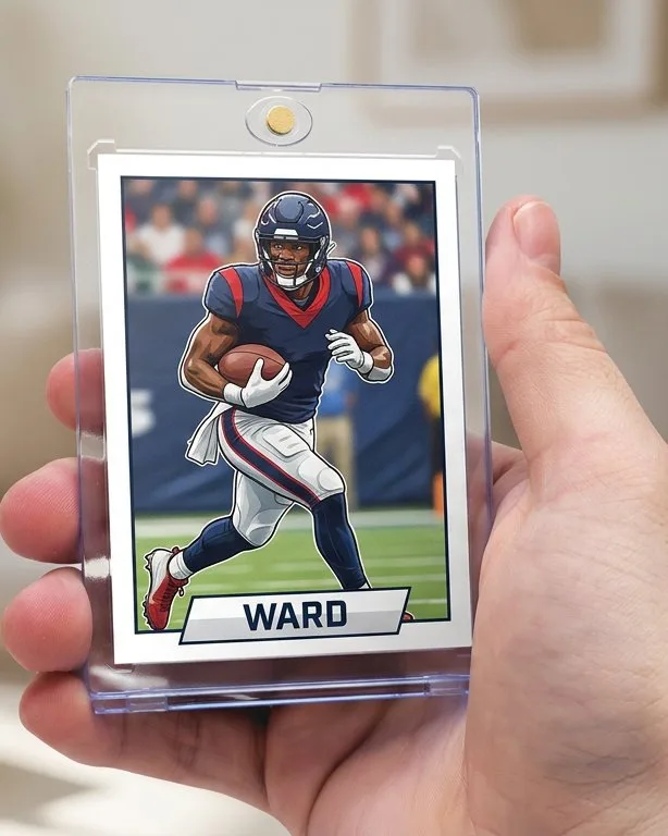 Close-up of a custom trading card in a magnetic case for gifts for sports fans 2020