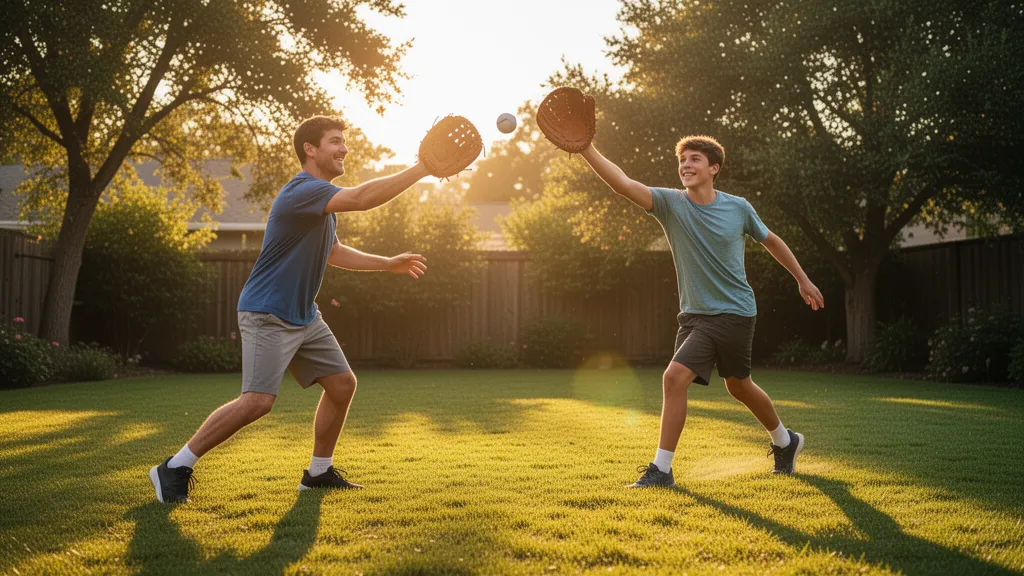 Father and son playing baseball catch together outdoors in golden afternoon light