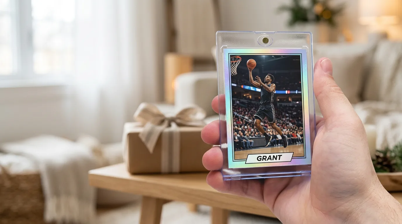 gifts for sports memorabilia collectors: a custom printed trading card in a magnetic case, held in hand