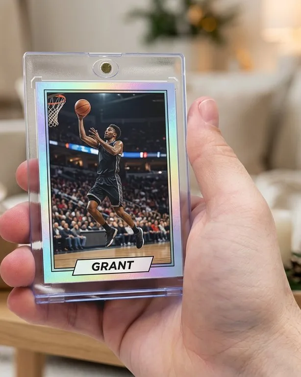Close-up of a custom trading card in a magnetic case for gifts for sports memorabilia collectors