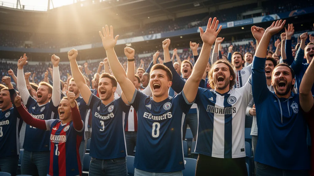 Excited sports fans celebrating together in stadium with natural lighting and dynamic energy captured in wide shot.
