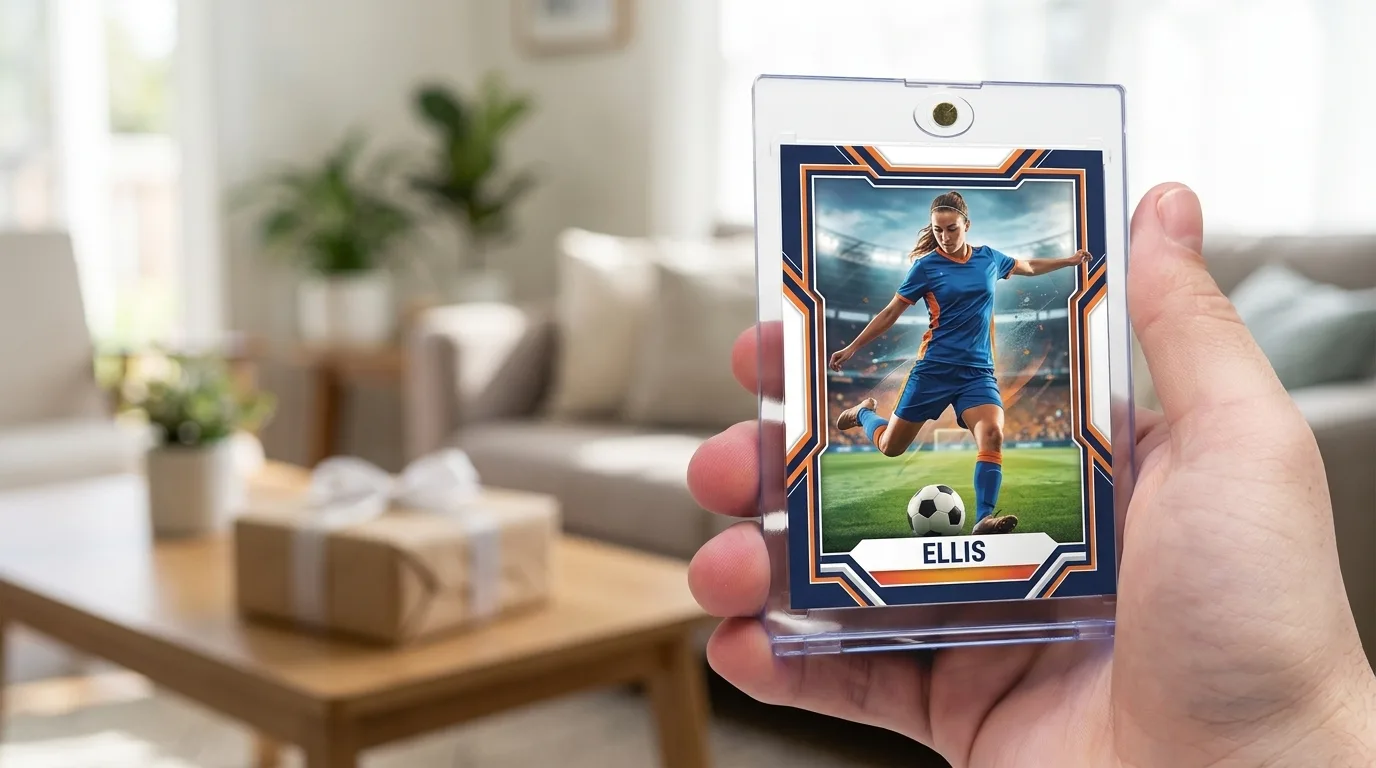 gifts for teen girls sports fan: a custom printed trading card in a magnetic case, held in hand