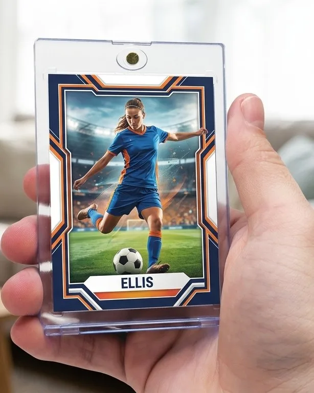 Close-up of a custom trading card in a magnetic case for gifts for teen girls sports fan