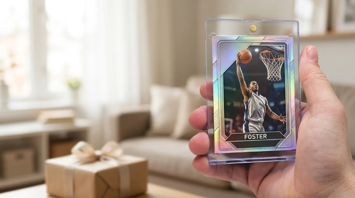 gifts for women who like sports: a custom printed trading card in a magnetic case, held in hand